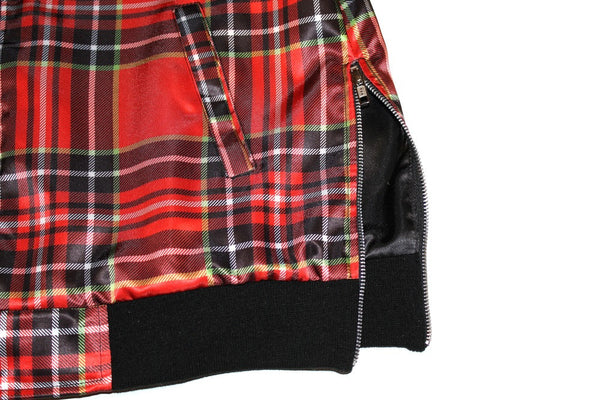 Black bomber jacket outlet with red tartan inside